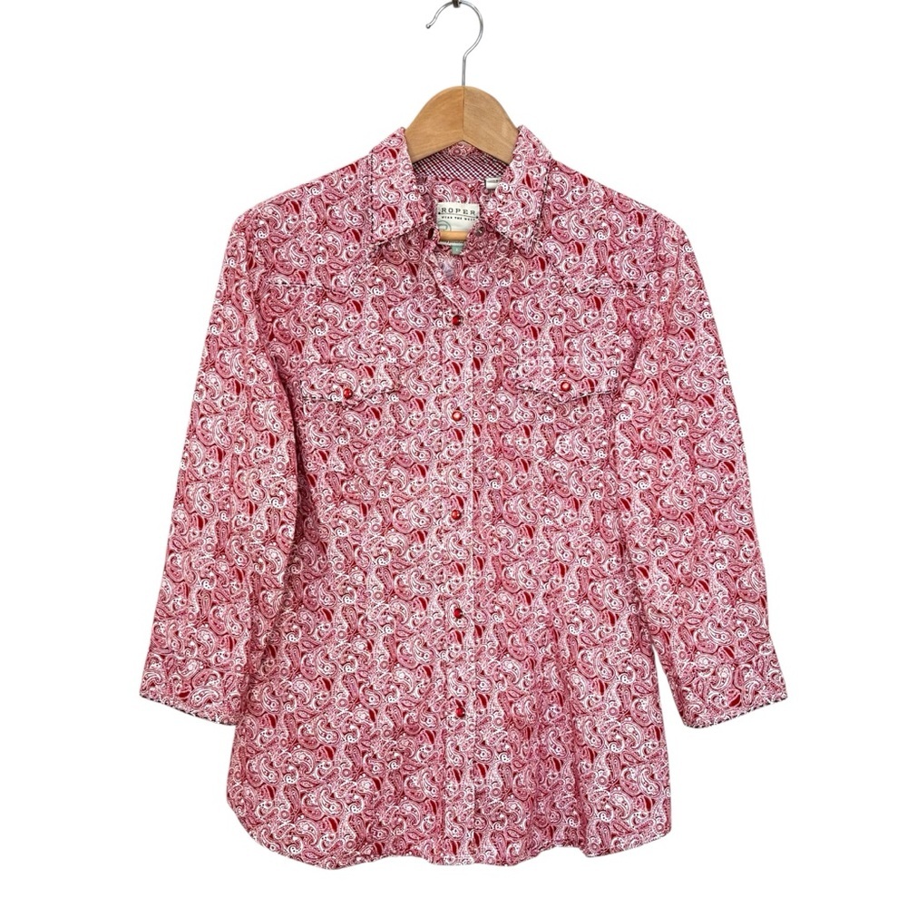 Roper Paisley Print Western Shirt Womens Large Pearl Snap Red White 3/4 Sleeve